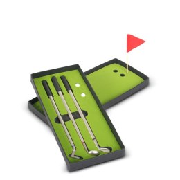 Zestaw trzech metalowych długopisów z miniaturowym boiskiem do golfa